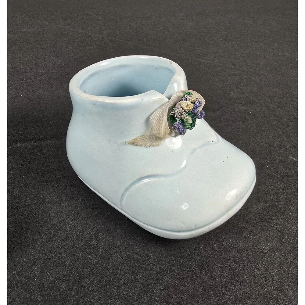 Vintage Blue Ceramic Baby Booties Shoes Mini Figurines with Flowers